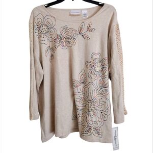 Alfred Dunner NWT Embroidered Floral Beige Multicolor Top size 1X